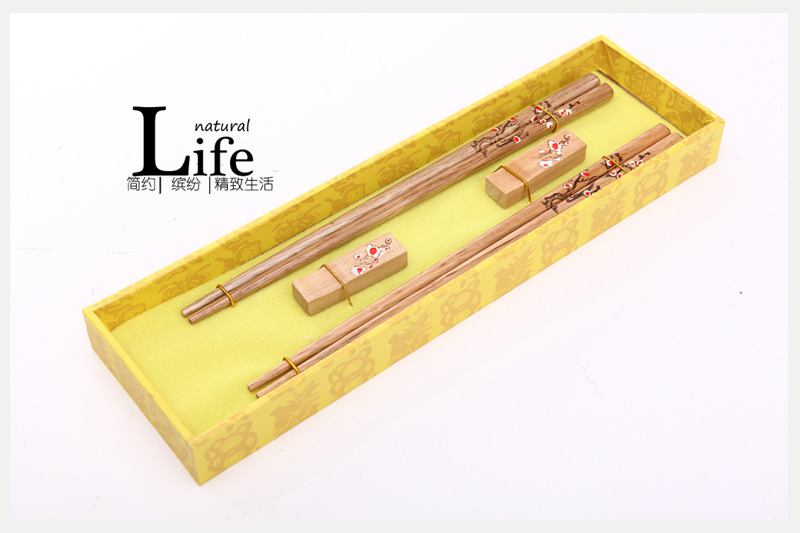 顶级礼品梅花图案木雕筷子家用木属工艺雕刻筷配礼盒（木色）D2-0151