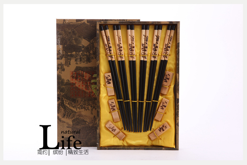 顶级礼品竹叶熊猫黑色木雕筷子家用木属工艺雕刻筷配礼盒（6双/套）D6-0051