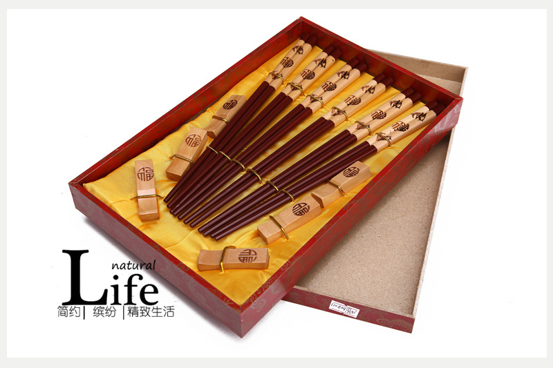 顶级礼品福鱼图案深棕色木雕筷子家用木属工艺雕刻筷配礼盒（6双/套）D6-0111