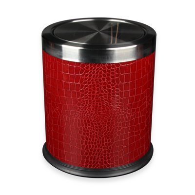 品地现代简约风格黑色红色亮面鳄鱼纹金属内胆不锈钢翻盖垃圾桶