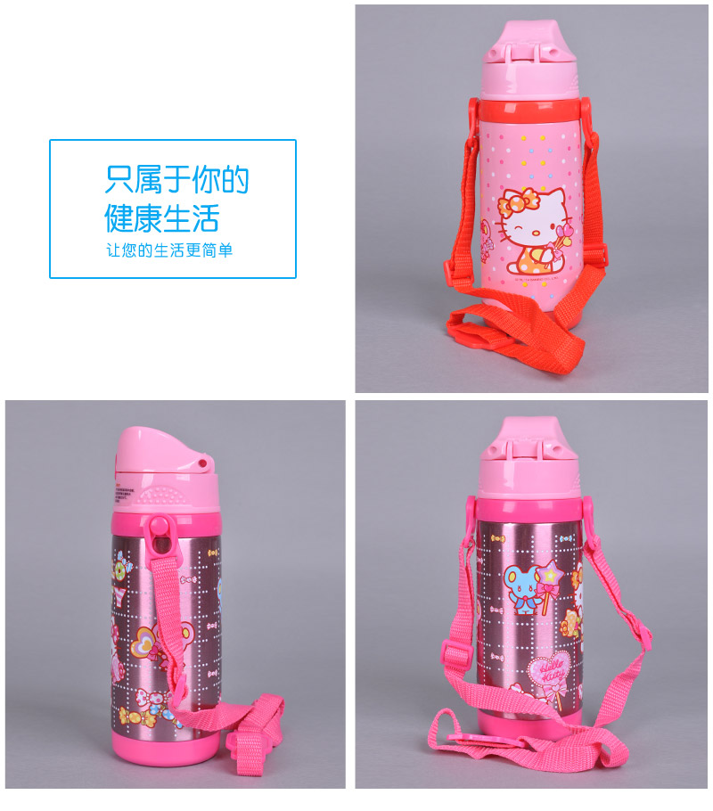 380ml妙趣儿童吸管壶 凯蒂猫不锈钢保温壶 带提绳吸管保温杯防漏便携保温水壶KT-36084