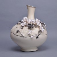中式时尚雕花陶瓷花瓶摆件 创意杂花白+银长颈大肚花瓶大号装饰瓶 创意家居软装饰花瓶 63813-14