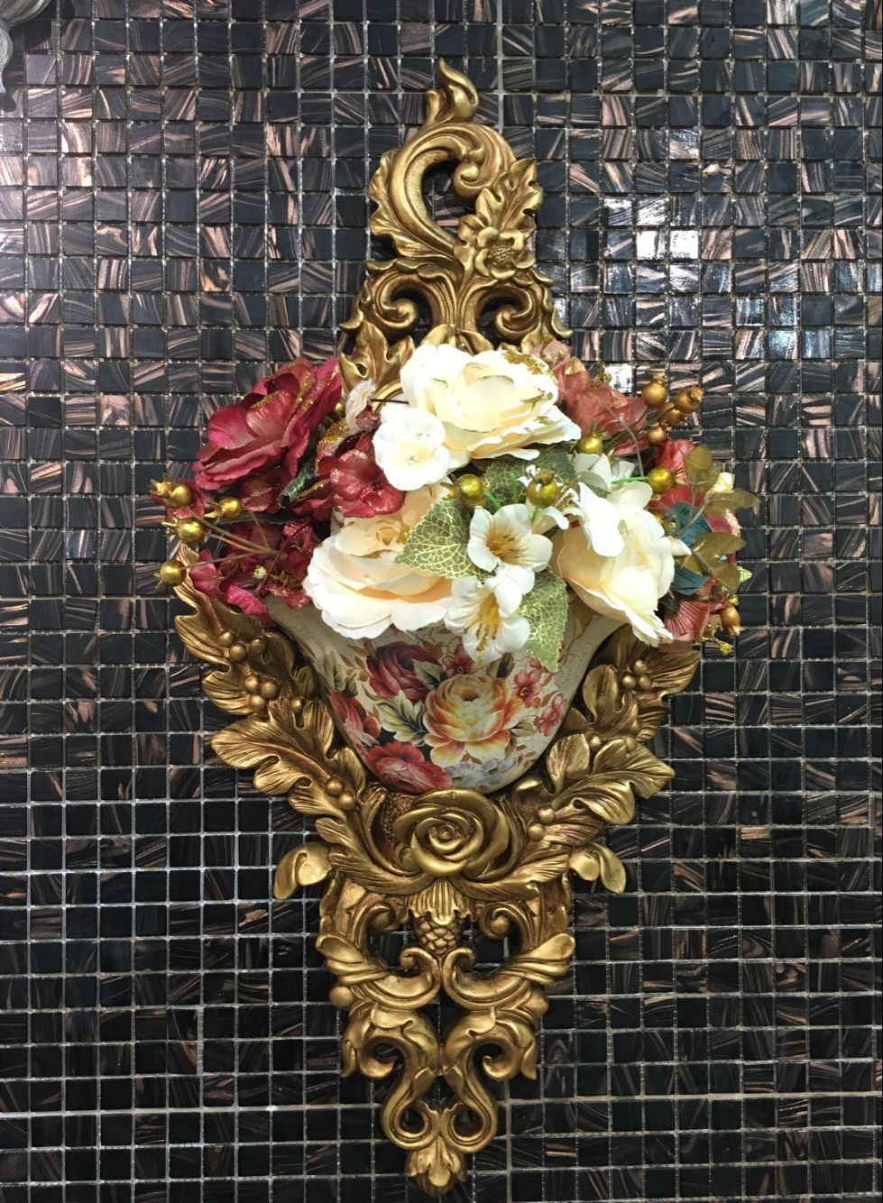 欧式树脂玫瑰花图案双耳壁挂装饰250195