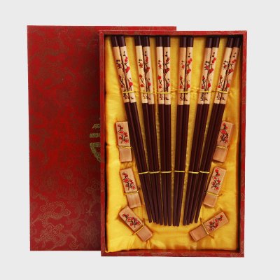 创意礼品梅花图案深棕色木雕筷子家用木属工艺雕刻筷配礼盒（6双/套）D6-002