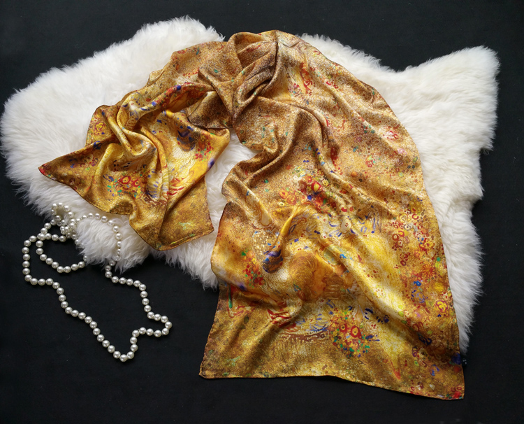 金色印花真丝丝巾缎面桑蚕丝围巾披肩两用长款丝绸礼品3