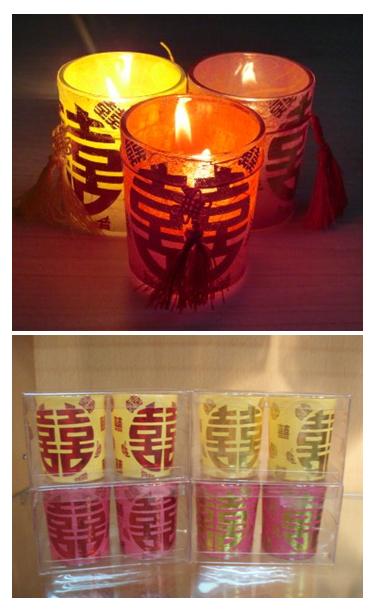 囍字花纹玻璃蜡烛杯套装配吊中国结配香味蜡烛 (2个套装)2