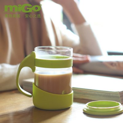 美国MIGO耐热透明玻璃水杯子0.35L 带盖花茶杯 带把办公室泡茶杯1577