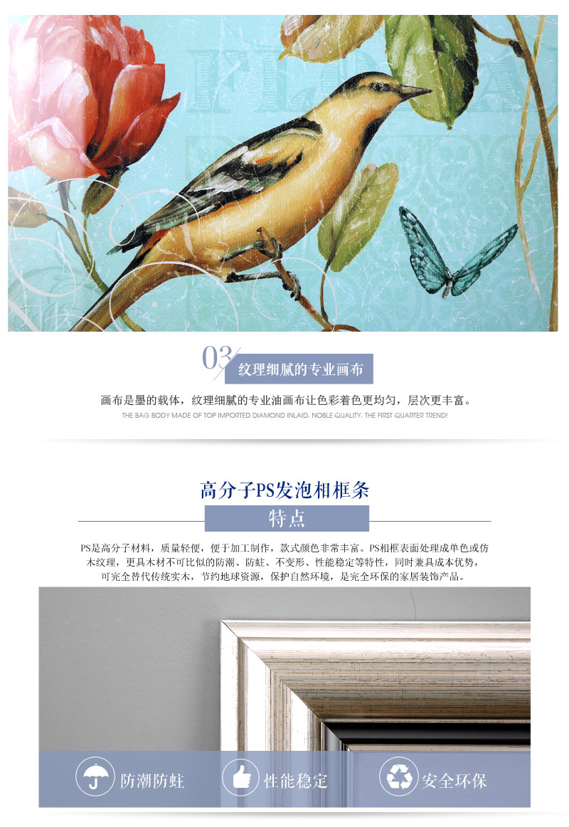 欧式花鸟家居装饰挂画 蓝色艺术微喷进口画心ps框挂画 酒店家居装饰画 SPG YH0545