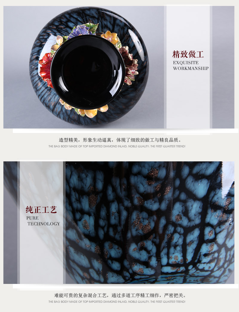 中式复古高档花开聚喜（低）花瓶摆件 彩色艺术底纹摆设装饰品客厅玄关摆设 HKJXD5