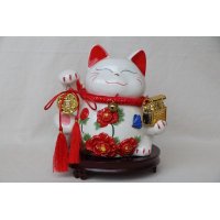 中式风水木底座大富大贵陶瓷招财猫存钱罐A1007