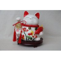 中式风水木底座年年有鱼陶瓷招财猫存钱罐A1003