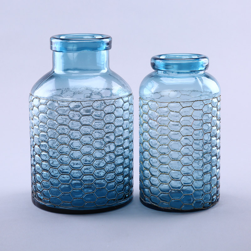 简约湖蓝色玻璃花瓶花器家居玻璃装饰工艺品YL181