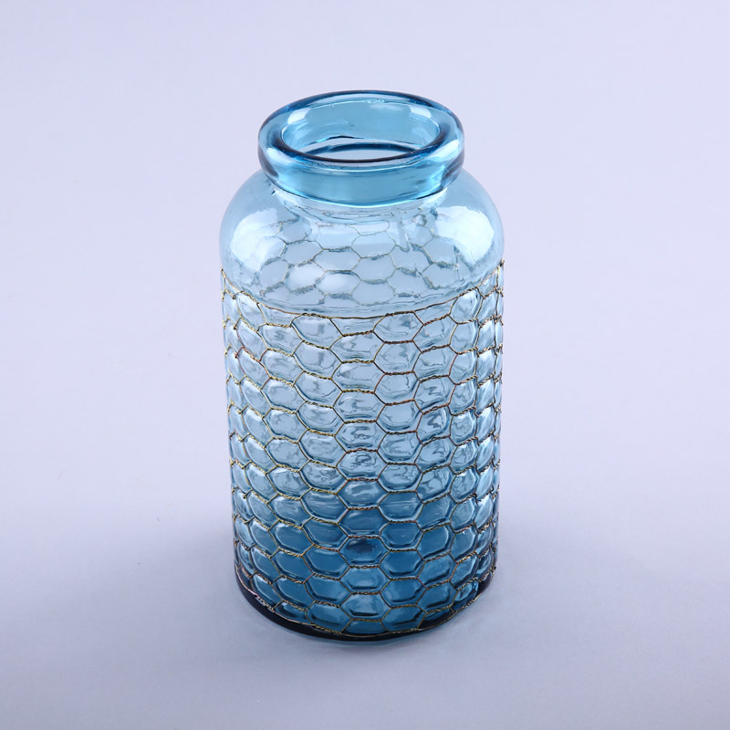 简约湖蓝色玻璃花瓶花器家居玻璃装饰工艺品YL183