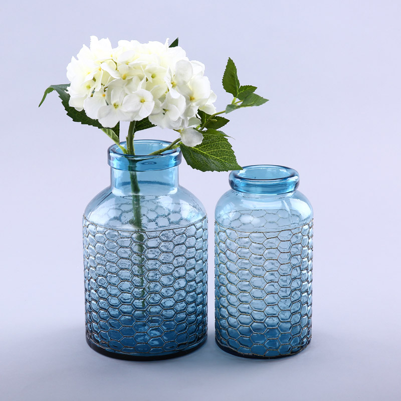简约湖蓝色玻璃花瓶花器家居玻璃装饰工艺品YL182