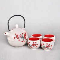 日韩陶瓷茶具和风色釉日式配漏网球形壶米黄梅花诗（一壶四杯）