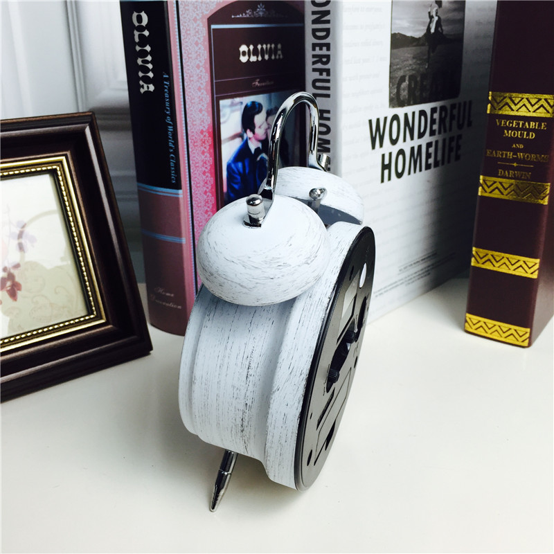 简约复古做旧白色静音床头打铃钟闹钟 桌面个性创意时钟3