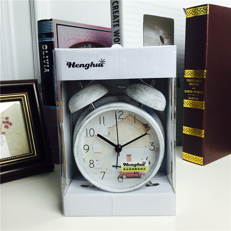 简约复古做旧白色静音床头打铃钟闹钟 桌面个性创意时钟5