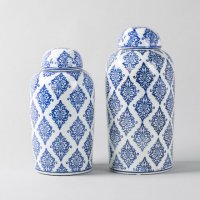 中式艺术青花 圆瓶菱形花纹储物罐套装 陶瓷罐2件套