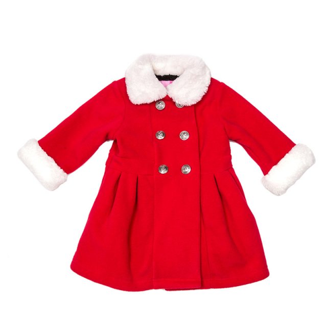 女童双排扣外套 红色毛领大衣 洋气儿童秋冬款中长款童装外套女装