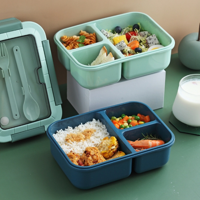 莫兰迪长方形多格学生饭盒 加厚密封带勺叉便当盒 上班族便携餐盒