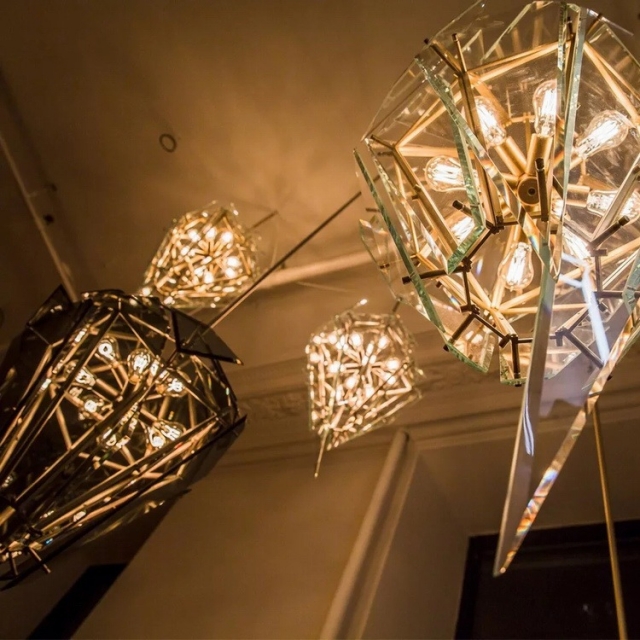 欧式极简主义菱形玻璃钢面灯具客厅主人房酒店卧室展厅工作室吊灯