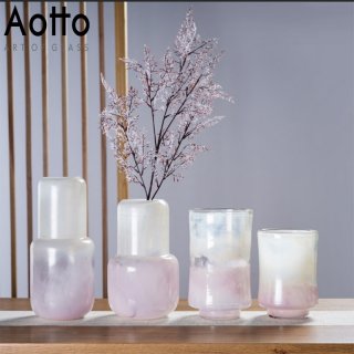 手工吹制粉色渐变日式花瓶 客厅餐桌小口径干花装饰玻璃插花器