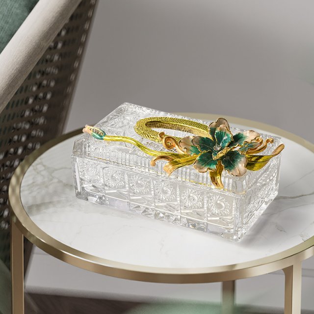 玻璃透明纸巾盒客厅家居创意高档精致装饰品中式珐琅彩金鱼抽纸盒
