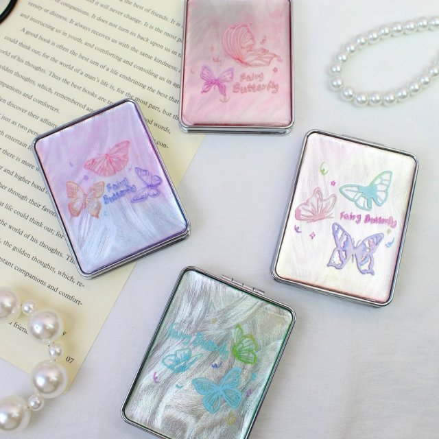 Y2K甜美蝴蝶印图圆形便携双面镜精美镜子折叠双面镜