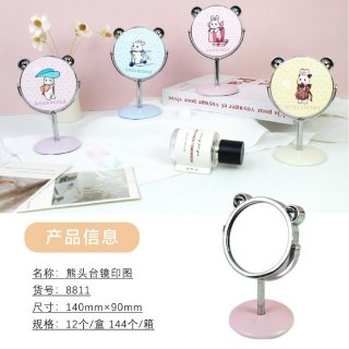 新款熊头形状桌面台式单面镜PU皮镜动物卡通图案化妆镜台镜旋转镜
