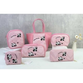 粉色可爱熊猫印图旅行大容量单肩包洗漱包化妆包拉链零钱包