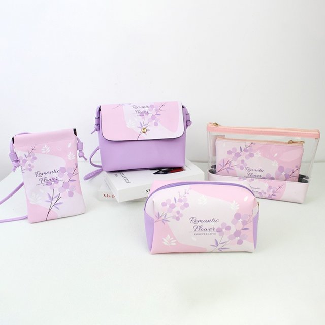浪漫紫粉花卉系列包包多款式便携斜挎包手拿包零钱包旅行洗漱包