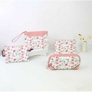 清新粉色小碎花PU大容量拉链手提洗漱包化妆包手提包便携收纳包