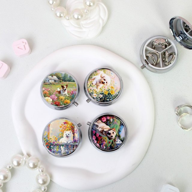 [胜雅] 新款圆形可爱动物印花3格首饰收纳盒药盒便携折叠带镜子