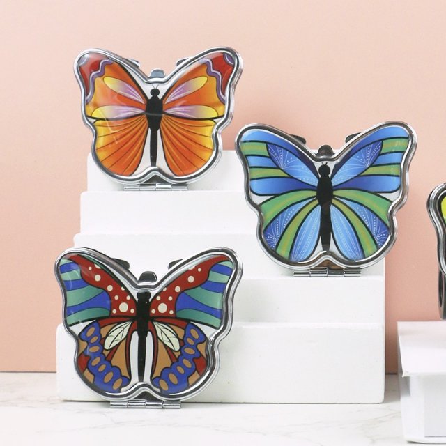 [胜雅] 蝴蝶图案形状折叠式口袋镜便携式滴胶工艺双面折叠化妆镜随身镜