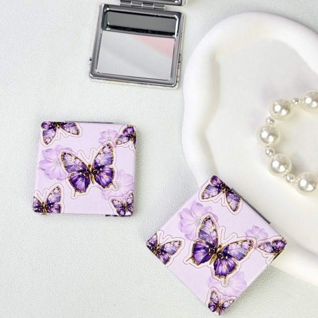 [胜雅] Y2K时尚紫色蝴蝶图案70正方双面折叠便携口袋化妆镜高清镜