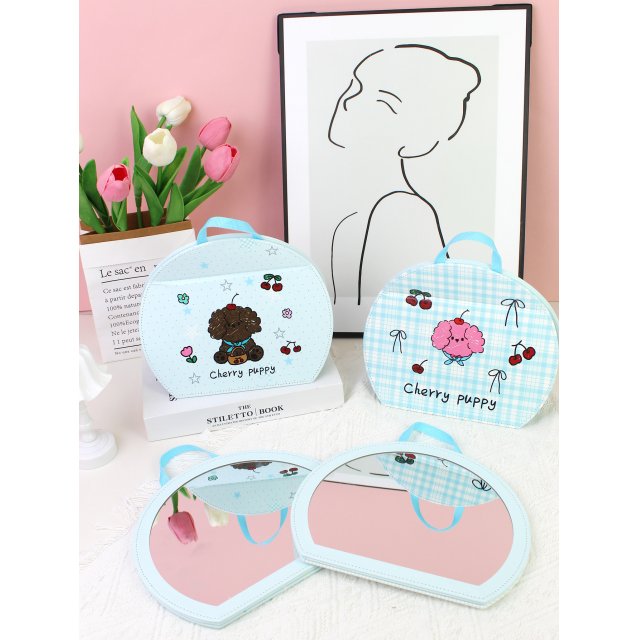 [胜雅] 樱桃小狗圆形折叠壁挂镜化妆镜浴室镜子女生镜子宿舍卧室折叠台镜