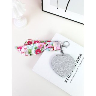 法式复古碎花丝带闪银爱心折叠化妆镜小镜子便携随身补妆镜挂包镜