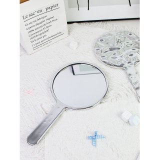 INS风电镀水波纹大号圆形化妆手持镜美容院镜子化妆镜补妆手柄镜