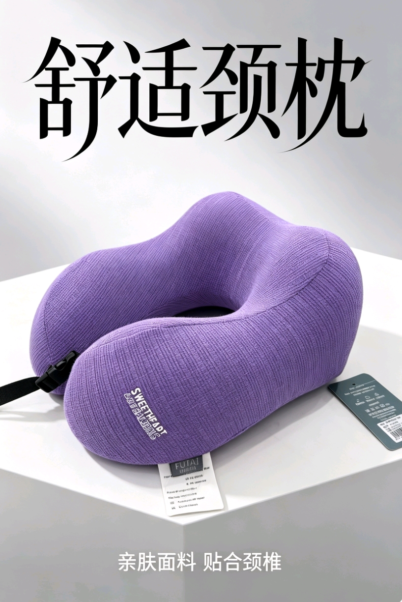 赛克斯双驼峰记忆棉U型枕 竖纹布艺护颈枕出差午休旅行礼品
