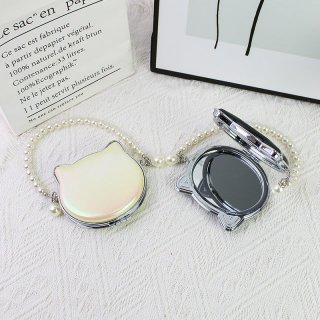 可爱猫咪折叠双面化妆镜镭射猫头随身小镜子珍珠提手便携补妆镜